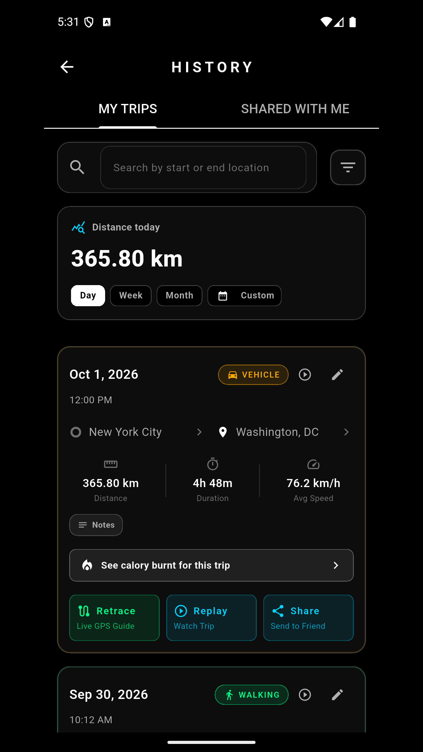 Move trip history with a New York City to Washington, DC vehicle route showing 365.80 km and 4h 48m