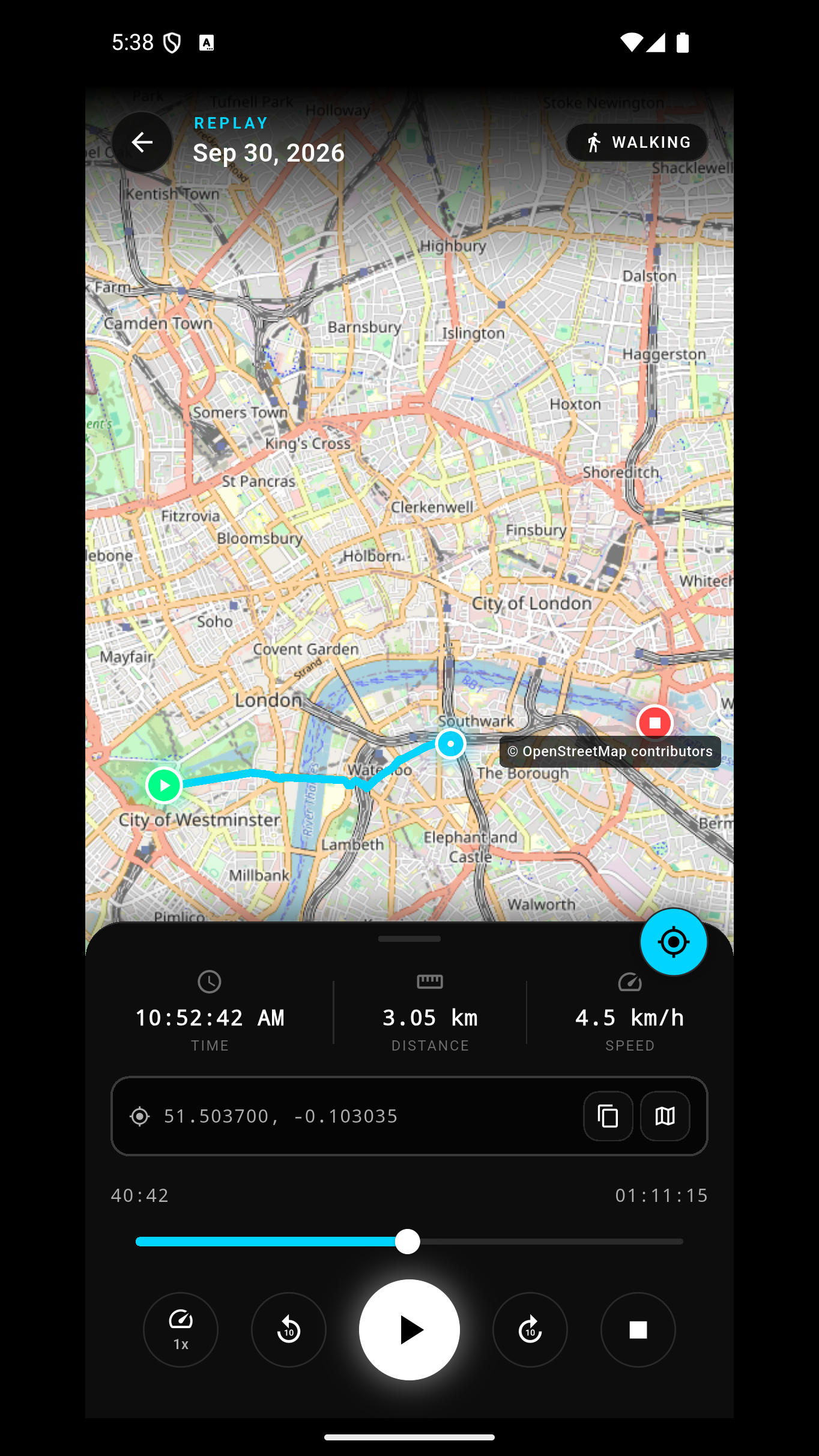 Move replay of a London walking route with a route line and playback controls