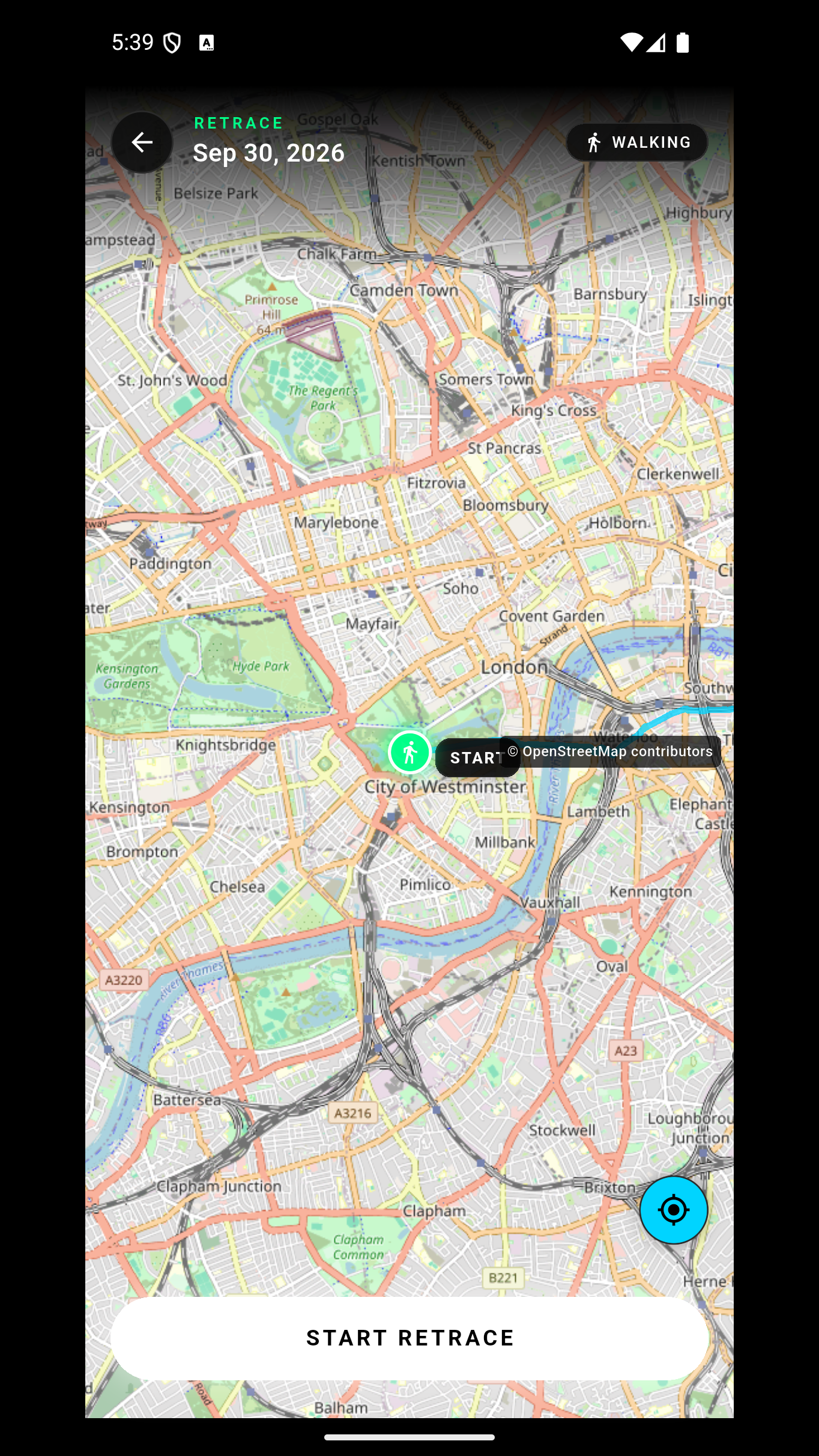 Move retrace view showing a London walking route and Start Retrace control